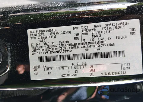 2022 Ford F-150 Lariat из США, поврежденный, VIN 1FTFW1E50NFA58312